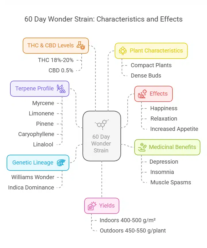 60 Day Wonder Weed Strain traits chart showing terpene profile, yields, THC and CBD levels, effects, and plant characteristics.