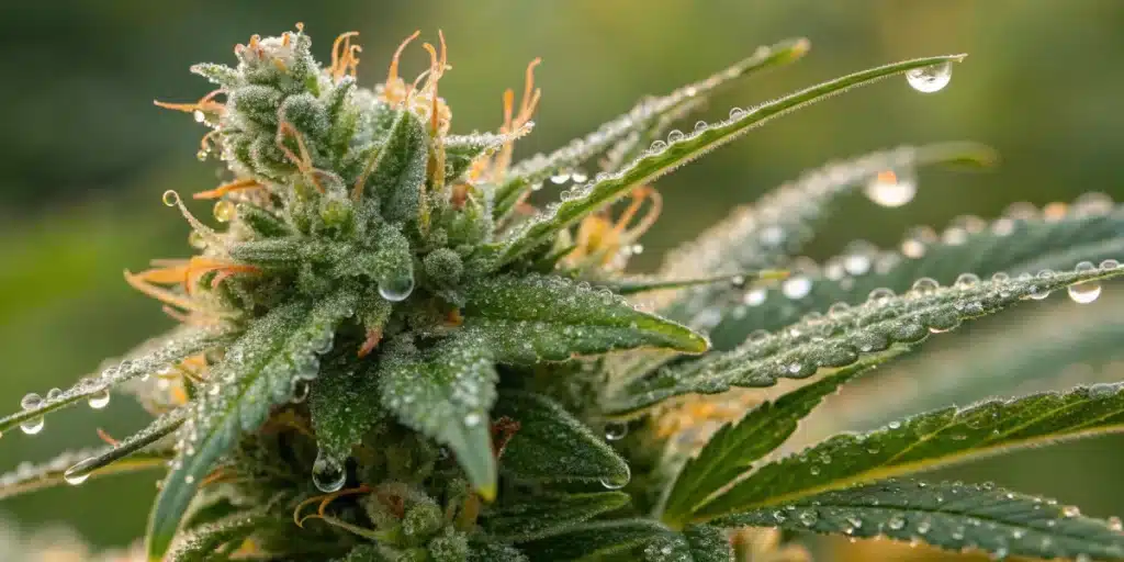 Close-up of 60 Day Wonder Weed Strain bud outdoors, covered in trichomes and morning dew with blurred green background.