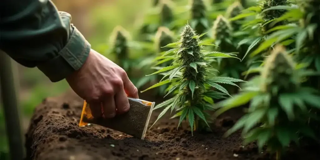 A farmer adding organic nutrients to cannabis plants in an outdoor garden, supporting healthy marijuana growth.