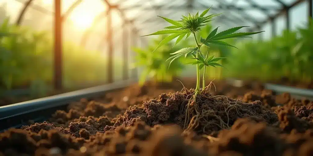 Young cannabis plant roots deep or wide in greenhouse soil.