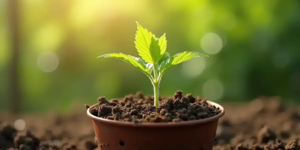 Close-up of a young cannabis seedling growing in a small pot under bright sunlight.