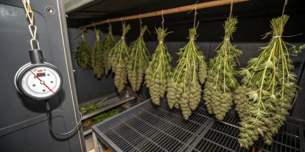 AK-48 Weed Strain buds drying upside down in a controlled environment with a hygrometer monitoring humidity.