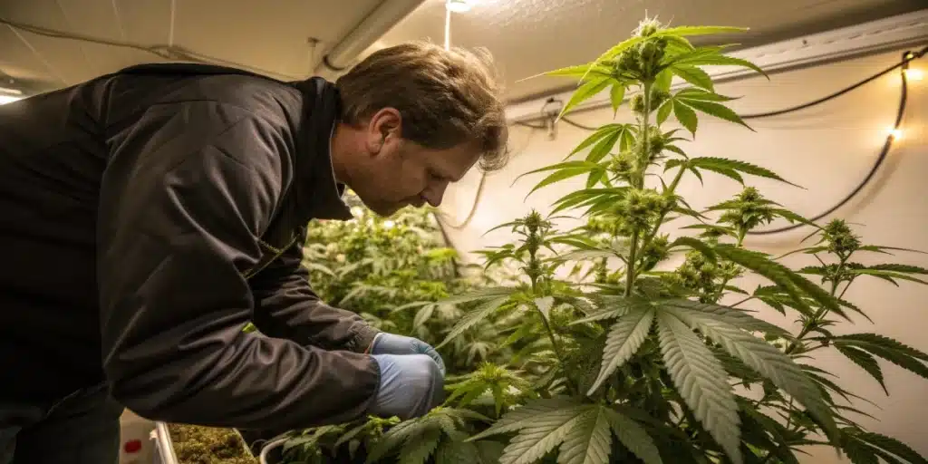 Grower inspecting tall AK-48 Weed Strain plant in indoor grow room with LED lights and mature green foliage.