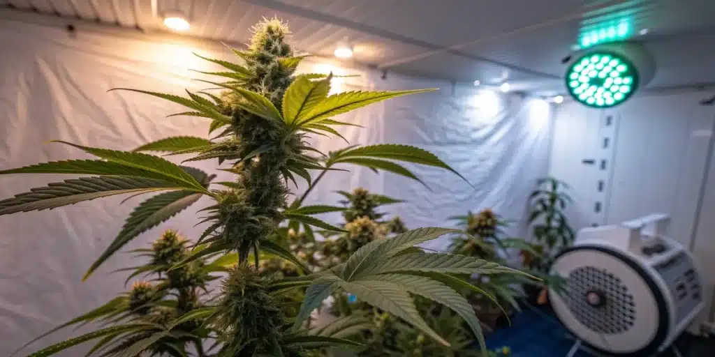 Flowering Afghan x Black Domina Autoflower plant under LED grow lights in a climate-controlled indoor grow room.