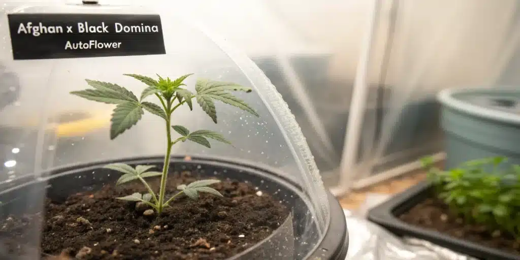 Afghan x Black Domina Autoflower seedling in early vegetative stage growing under a clear plastic dome with labeled tag.