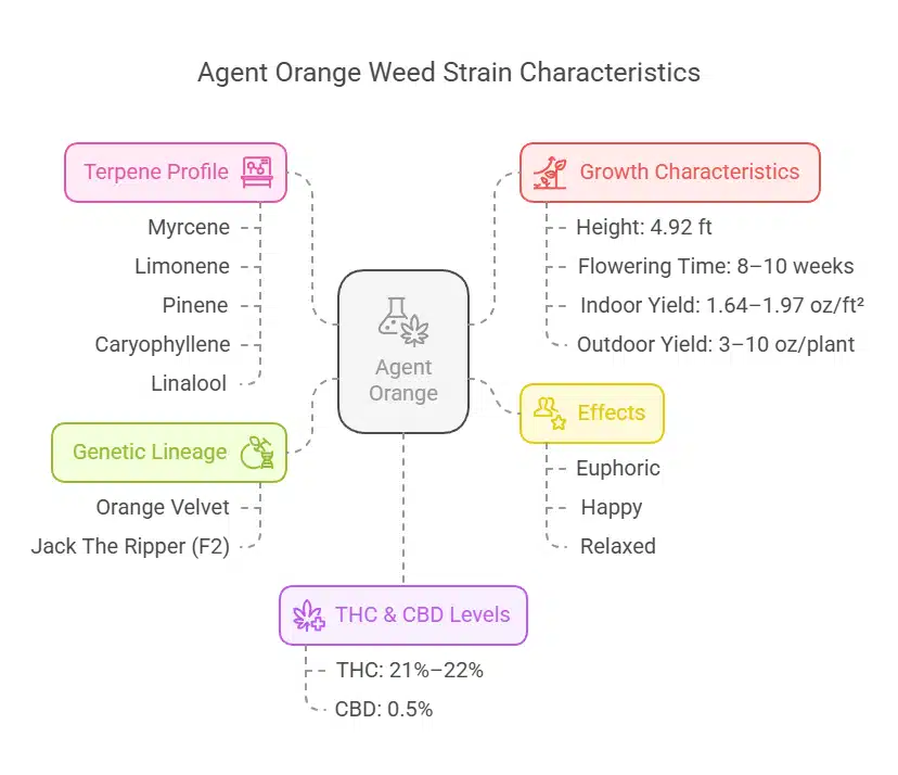Agent Orange Weed Strain chart with THC and CBD levels, terpene profile, genetic lineage, effects, and growth stats.