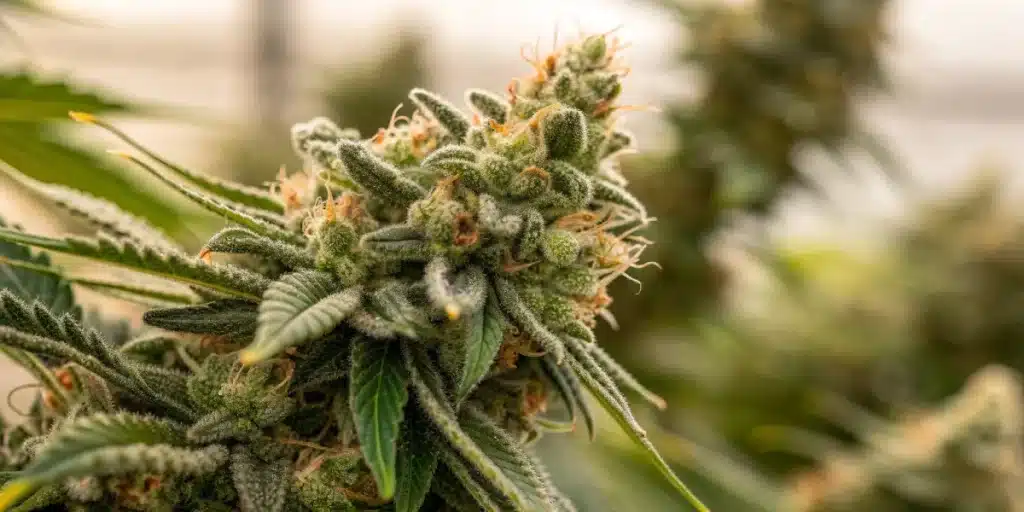 Close-up of flowering Agent Orange Weed Strain cola covered in trichomes and orange hairs in a greenhouse environment.