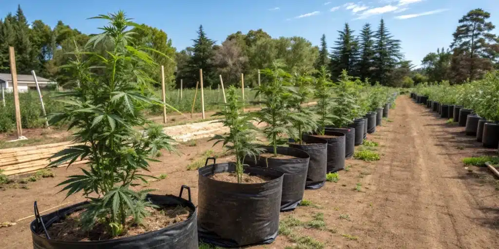 Agent Orange Weed Strain plants growing in fabric pots outdoors along a farm path with trees and blue sky in the background.