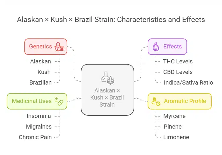 Alaskan × Kush × Brazil Strain diagram showing genetics, effects, medicinal uses, and aromatic terpene profile.