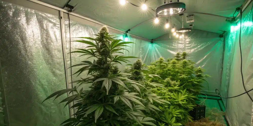 Alaskan × Kush × Brazil Strain plants flowering under LED lights in reflective indoor grow tent with dense green canopy.