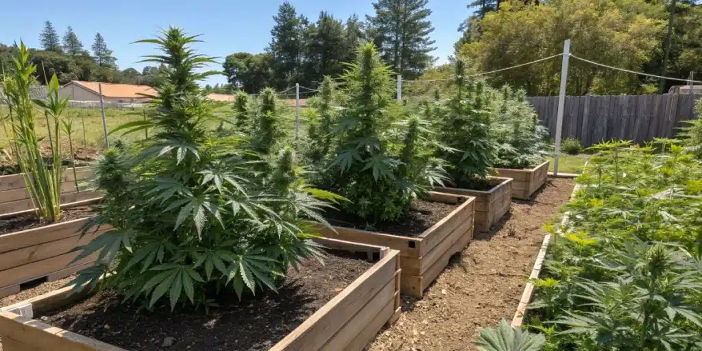Alaskan × Kush × Brazil Strain plants growing in raised wooden garden beds under full sun with trees in the background.