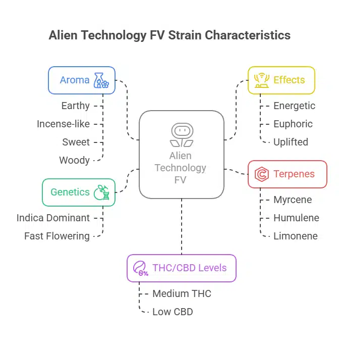 Infographic showing Alien Technology FV Strain effects, terpenes, aroma, THC/CBD, and genetics in color-coded layout.