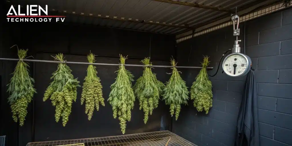 Alien Technology FV Strain hanging upside down for drying in a dark room with a hygrometer on the wall.