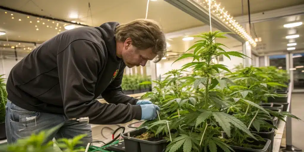 Grower tending Amnesia Auto Weed Strain plants in a well-lit indoor cultivation facility.