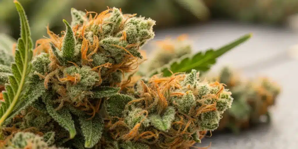 Amnesia FV CBD strain close-up showing trichome-rich buds with orange pistils and frosty texture.