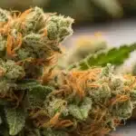 Amnesia FV CBD strain close-up showing trichome-rich buds with orange pistils and frosty texture.