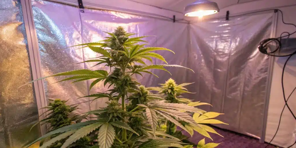 Amnesia FV CBD strain growing indoors under LED lights with reflective walls.