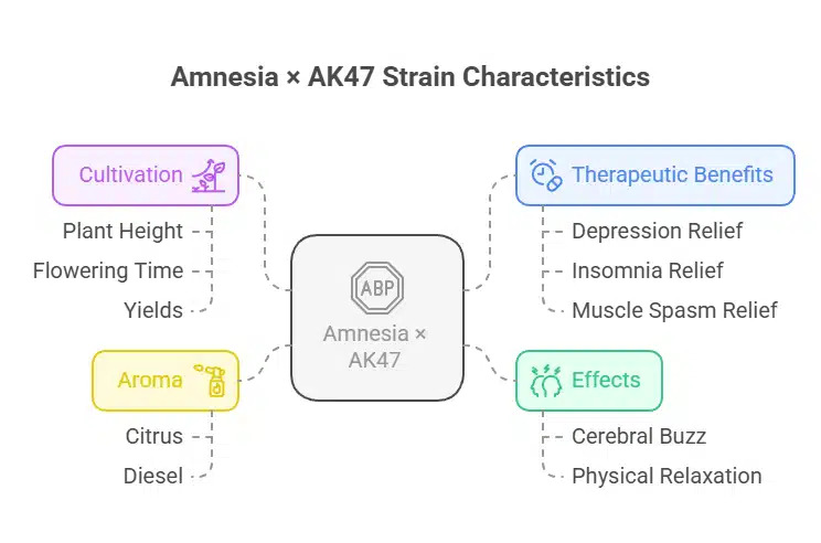 Amnesia × AK47 Strain close-up showing dense, trichome-coated bud with vivid orange pistils on a dark background.