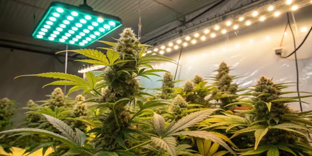 Amnesia × AK47 Strain flowering indoors under LED lights, with large, resinous colas forming on tall plants