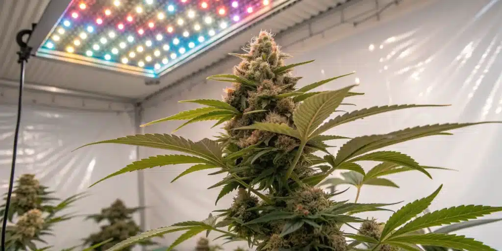 Apple Fritter FV Strain growing indoors under multicolor LED grow lights with dense bud formation.