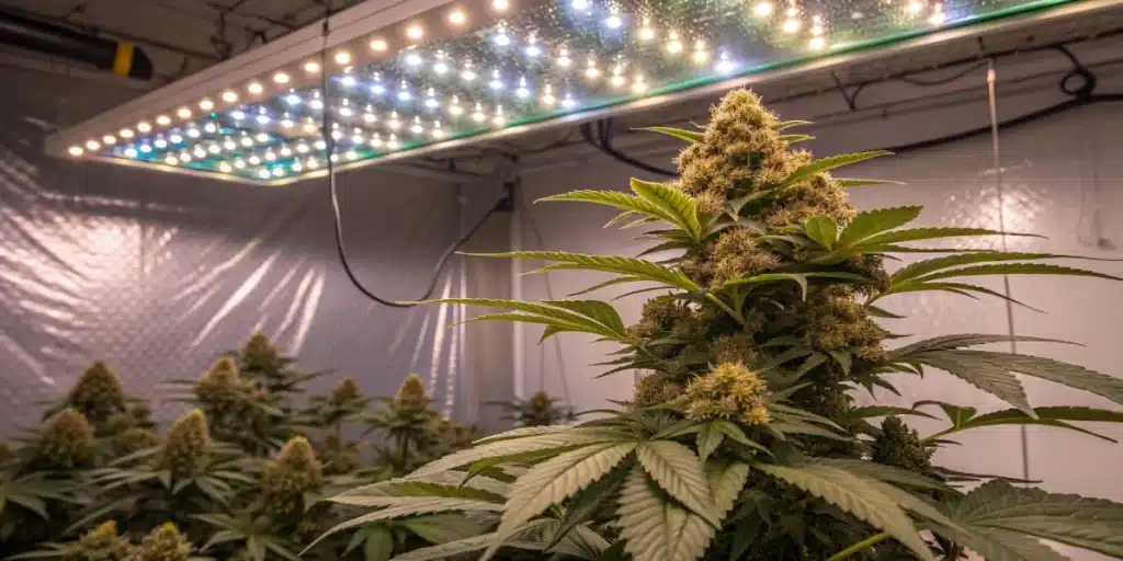 Apple Fritter FV Strain in a well-lit indoor grow tent with thick buds and green foliage.