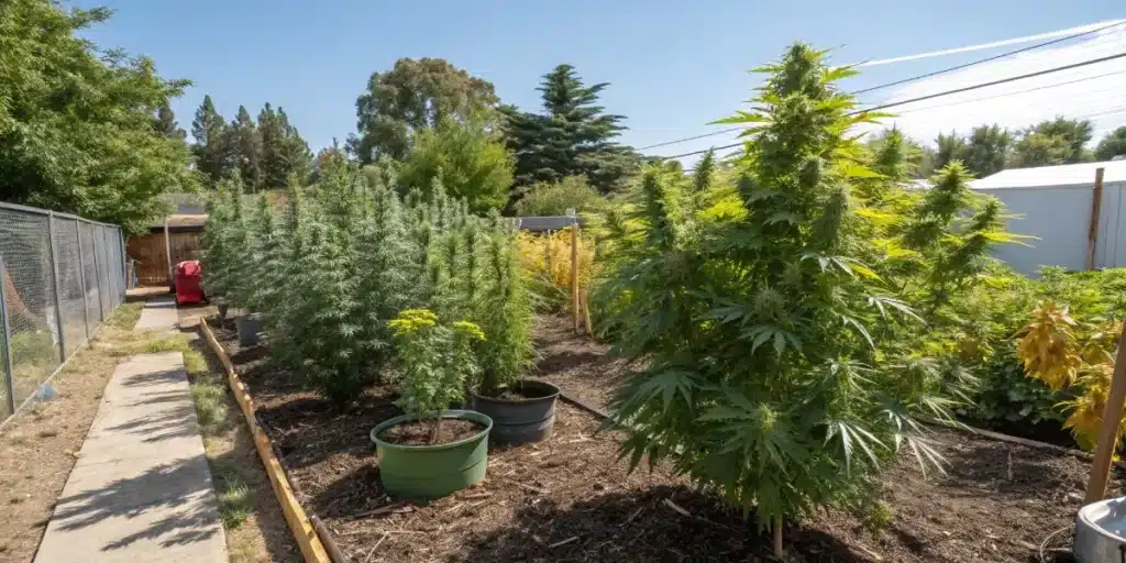 Hyper-realistic outdoor cannabis garden with tall, lush cannabis plants and other vegetation, a fence, and a path.