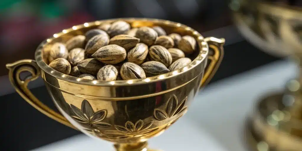 Golden trophy filled with high-quality cannabis seeds, representing the best cannabis strains of 2024.