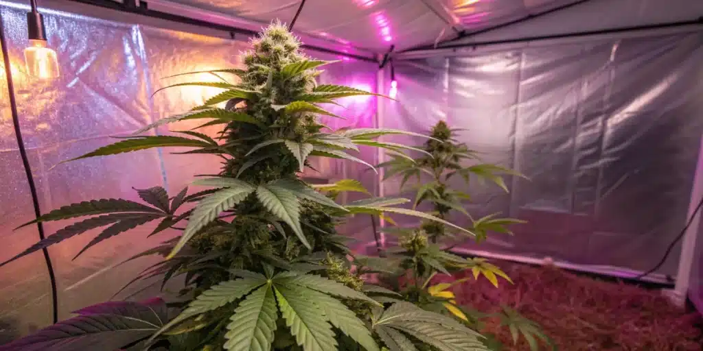 Big Bud FV cannabis plant in full bloom under purple grow lights inside a reflective indoor grow tent.