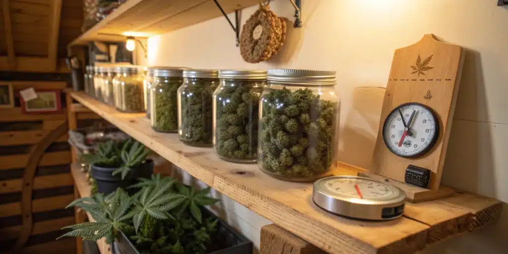 Jars filled with cured Black Domina Autoflower buds arranged on a wooden shelf beside a hygrometer.