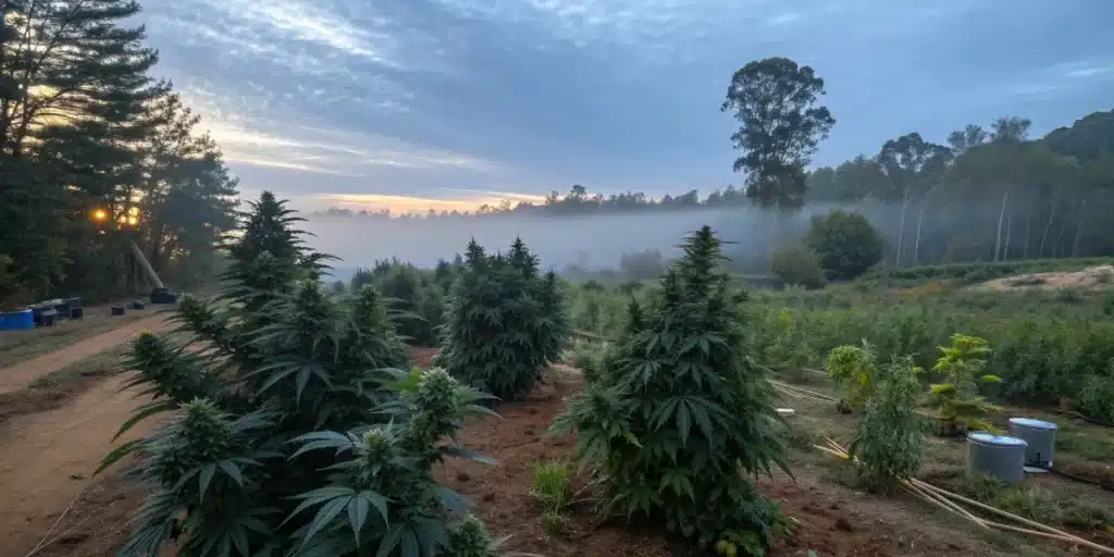 Black Domina Autoflower cannabis plants growing outdoors at dawn in a misty field.