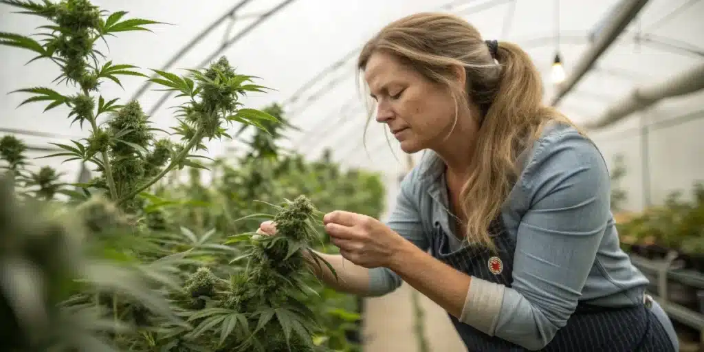 Grower closely inspecting mature Black Domina CBD Strain colas in a greenhouse, surrounded by tall flowering plants