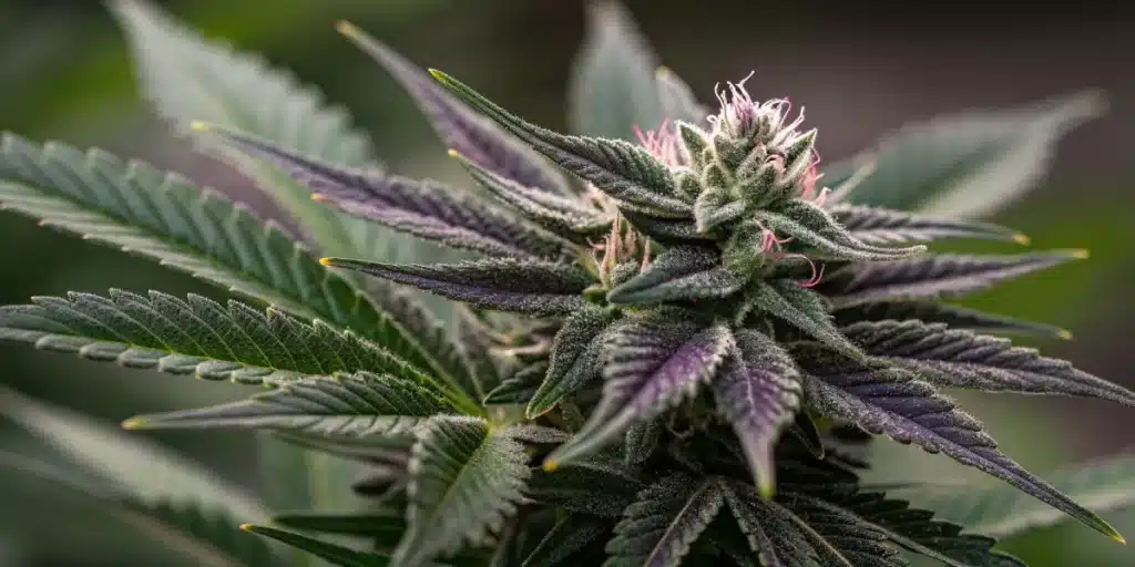 Close-up of Black Domina cannabis bud with purple hues and trichome-rich leaves.