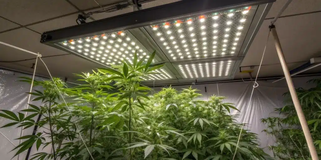 Dense canopy of Black Domina cannabis plants growing under powerful indoor LED panels.