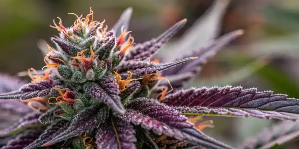 Blackberry Autoflower cannabis plant growing outdoors with deep purple leaves and orange pistils.