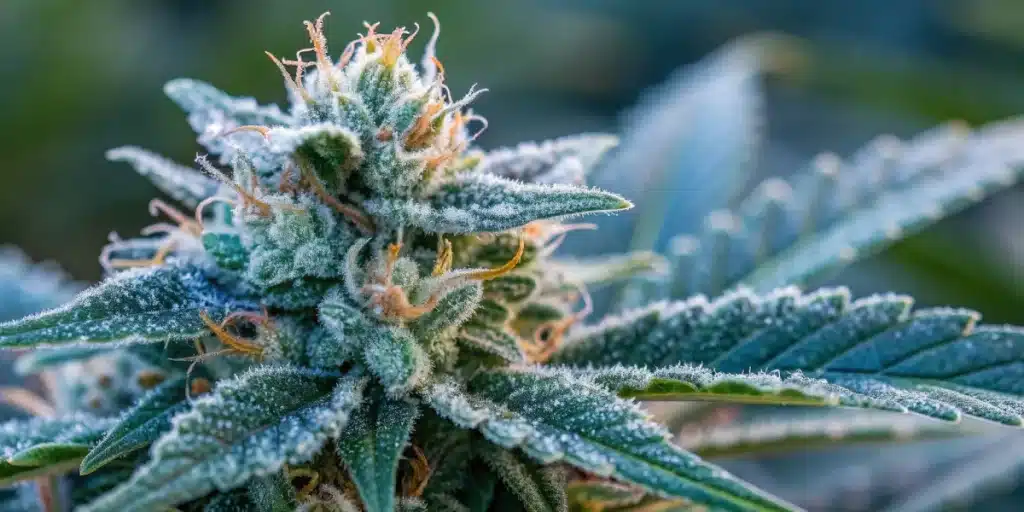 Close-up of Blue Amnesia Autoflower cannabis bud with frosty trichomes under natural light.
