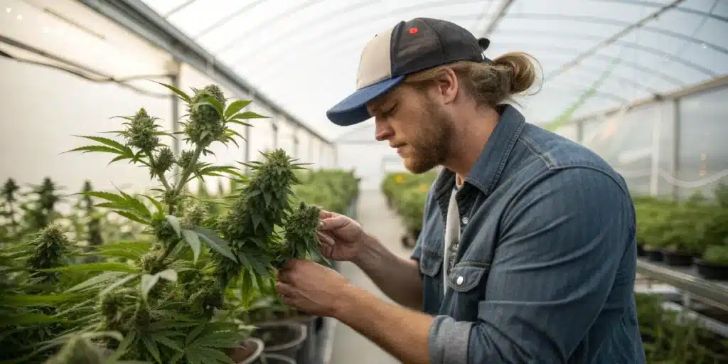 Grower inspecting Blue Amnesia Autoflower plant inside a greenhouse.