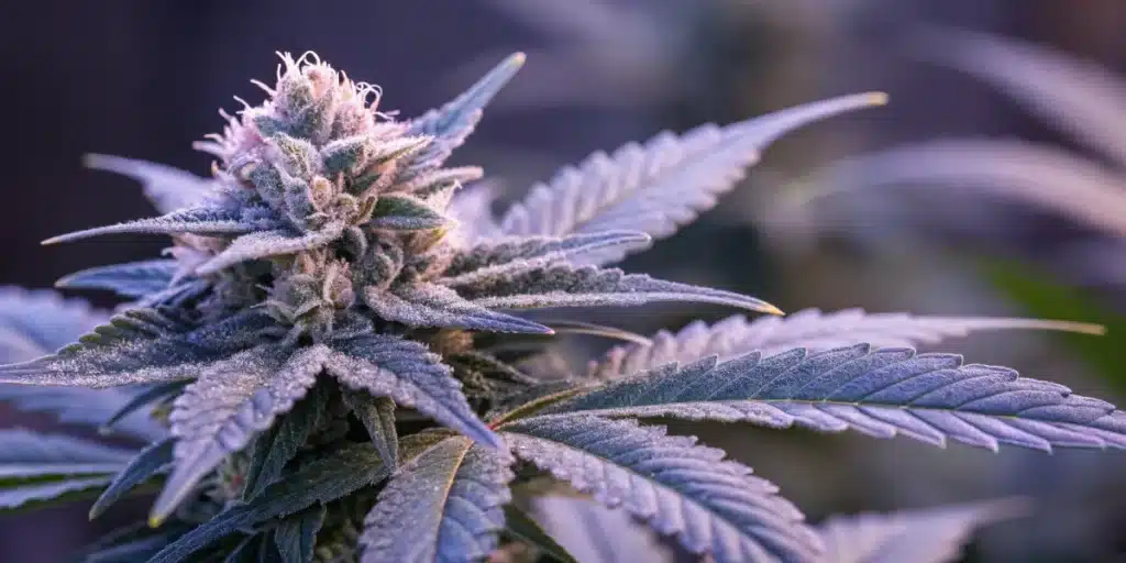 Blue Gorilla Autoflower cannabis plant growing outdoors under morning light.