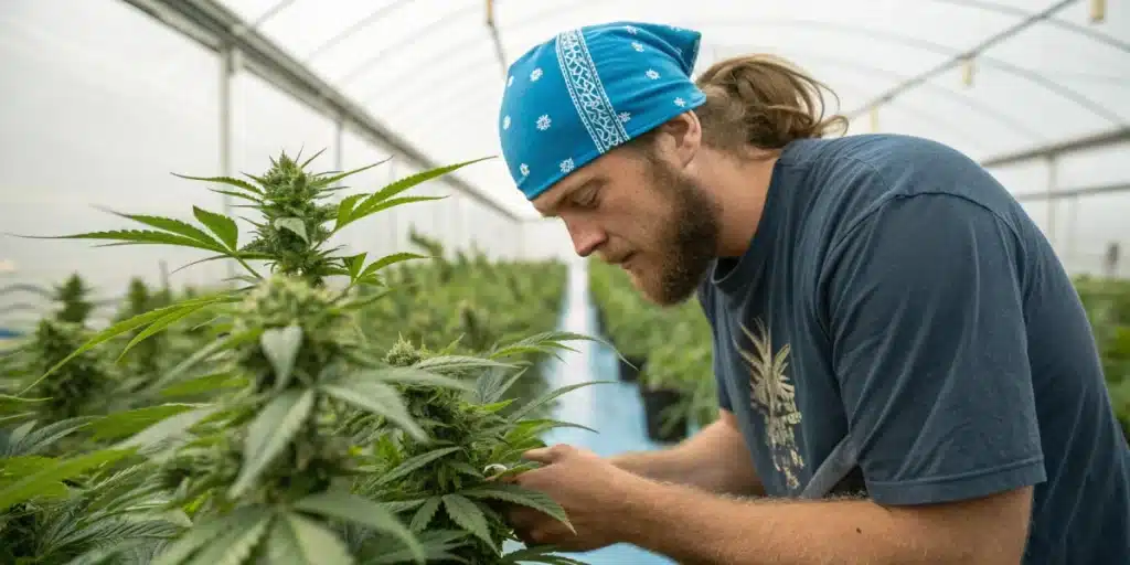 Grower inspecting Blue Headband Autoflower cannabis plants inside a greenhouse.