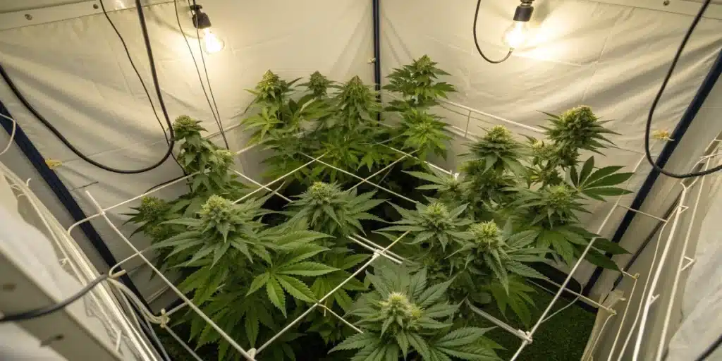 Close-up of mature Blueberry × Jack Herer Autoflower bud with orange pistils and dense trichomes.