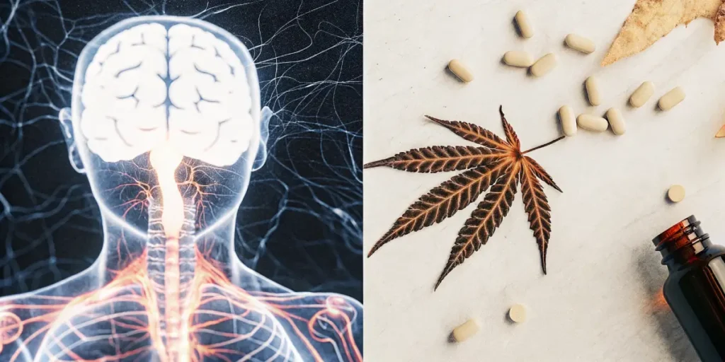 Split image: A glowing human brain and nervous system; A brown leaf, light-colored capsules, and a small bottle on a white surface, suggesting natural remedies.