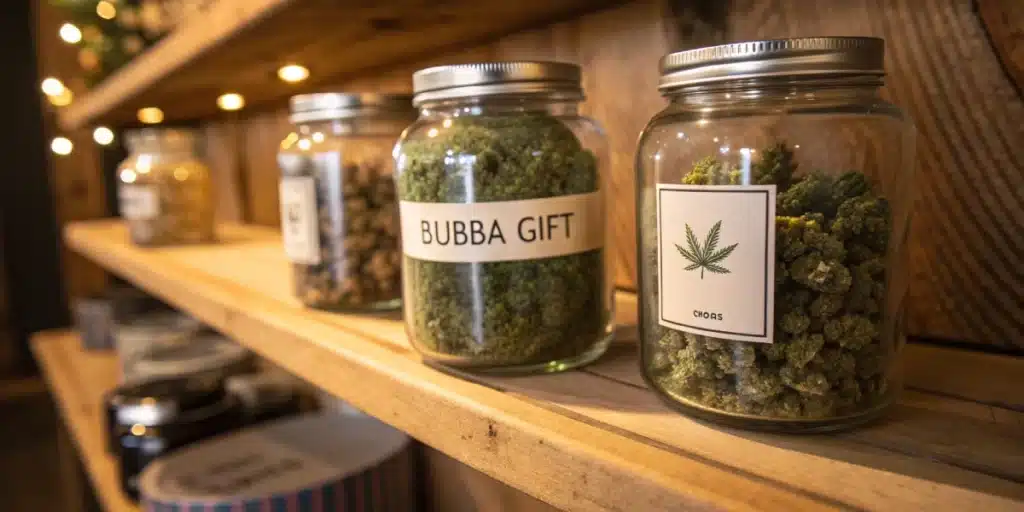 Cannabis buds labeled Bubba Gift stored in large glass jars on a wooden shelf.