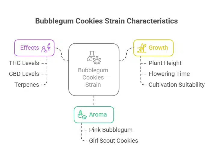 Infographic showing Bubblegum Cookies strain characteristics including aroma, growth traits, and effects.