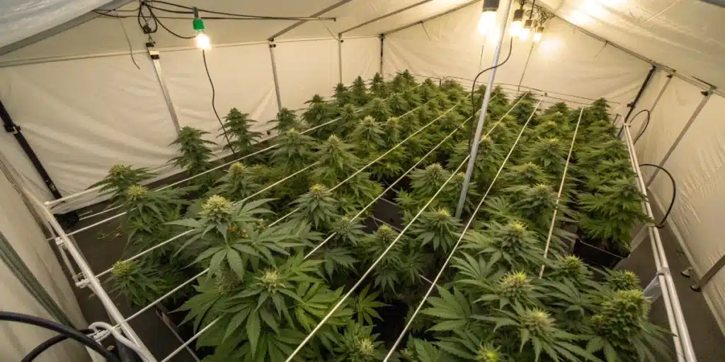 Bubblegum Cookies cannabis plants growing indoors in a well-lit, white grow tent using SCROG method.