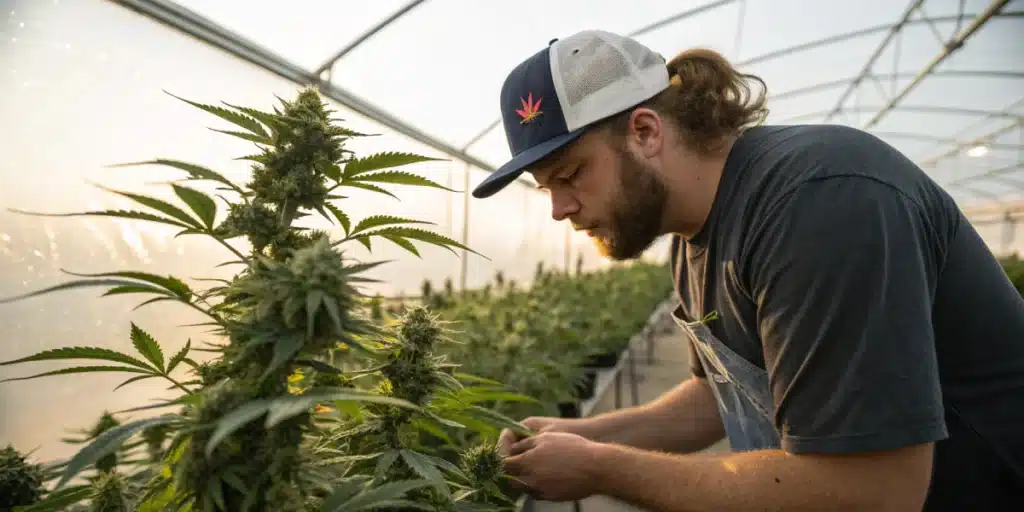 Grower inspecting Bubblegum Cookies cannabis plant in a greenhouse during the flowering stage.