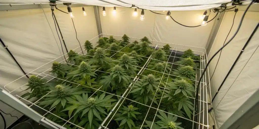 Bubblegum Cookies cannabis plants in an indoor grow tent with full spectrum lighting and trellis netting.