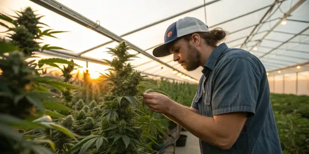 Grower inspecting Bubblegum Cookies cannabis plant in a greenhouse at sunset.