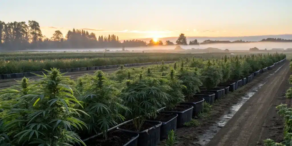 Outdoor cannabis plants of the CBD Black Diesel strain growing in pots during sunrise.
