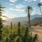 Cannabis plants growing under the California sun, with palm trees and mountains in the background.