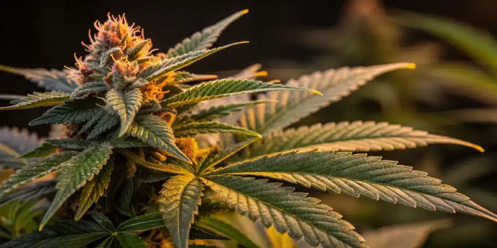 California Hash Plant bud glowing under golden hour lighting.