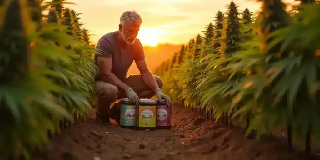 Sunset scene with a mature cannabis farmer inspecting nutrient containers between lush marijuana rows in California.